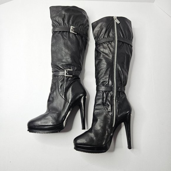 Michael Kors Stiletto High Heel Platform Boots Size 7.5 Black Leather Knee High - Picture 10 of 16